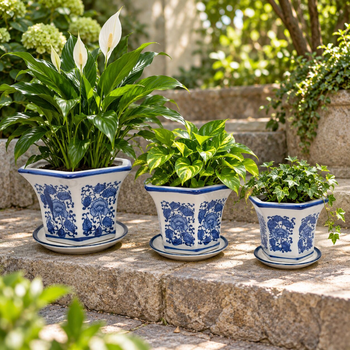 Set of 3 Blue & White Tall Flared Hexagonal Ceramic Planters with Saucers