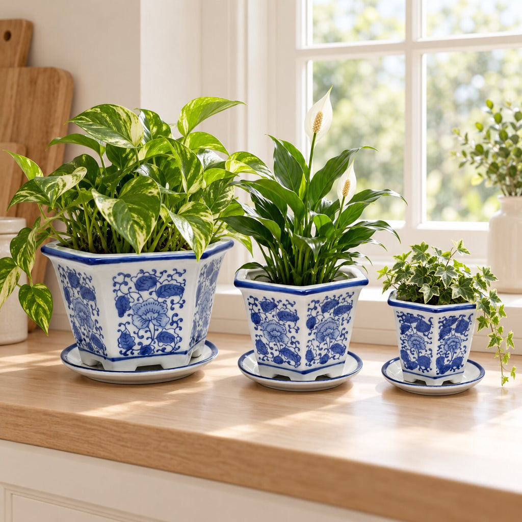 Set of 3 Blue & White Hexagonal Ceramic Planters with Saucers