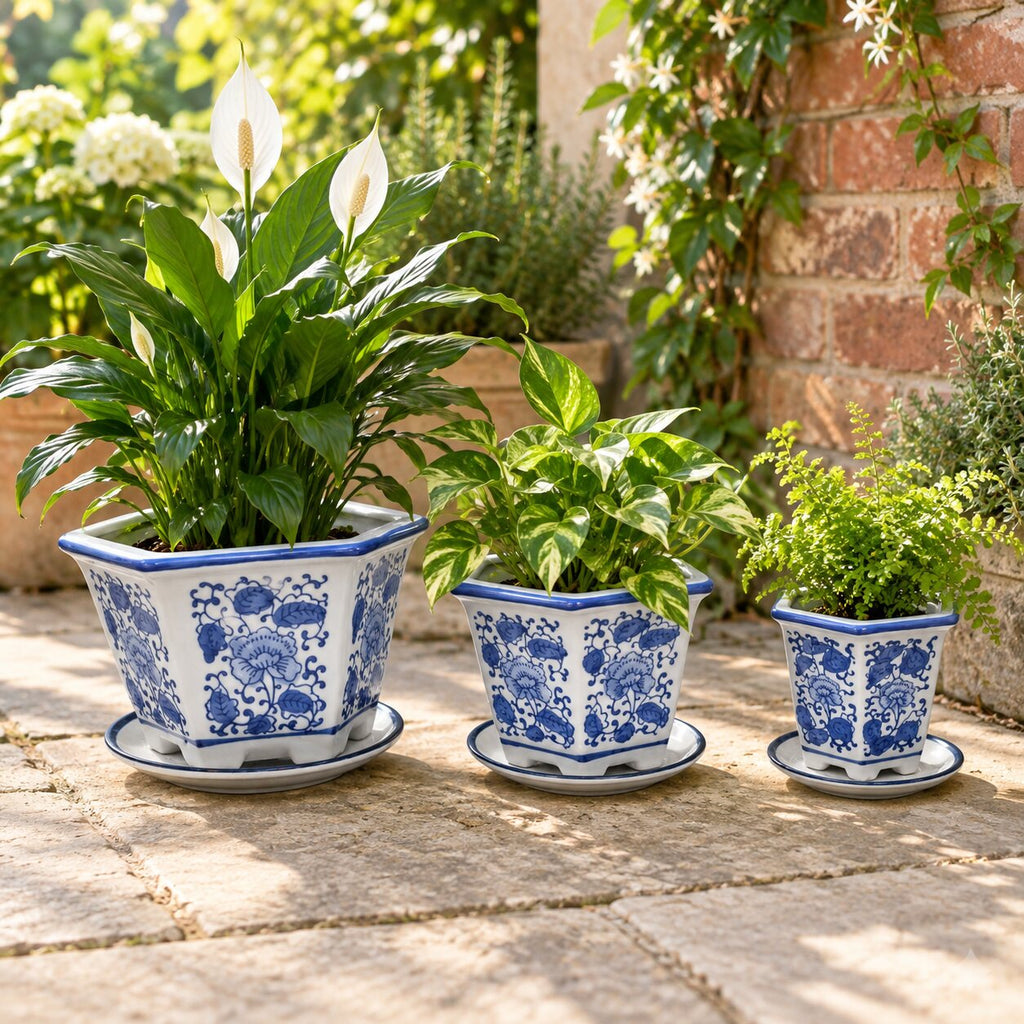 Set of 3 Blue & White Hexagonal Ceramic Planters with Saucers