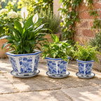 Set of 3 Blue & White Hexagonal Ceramic Planters with Saucers