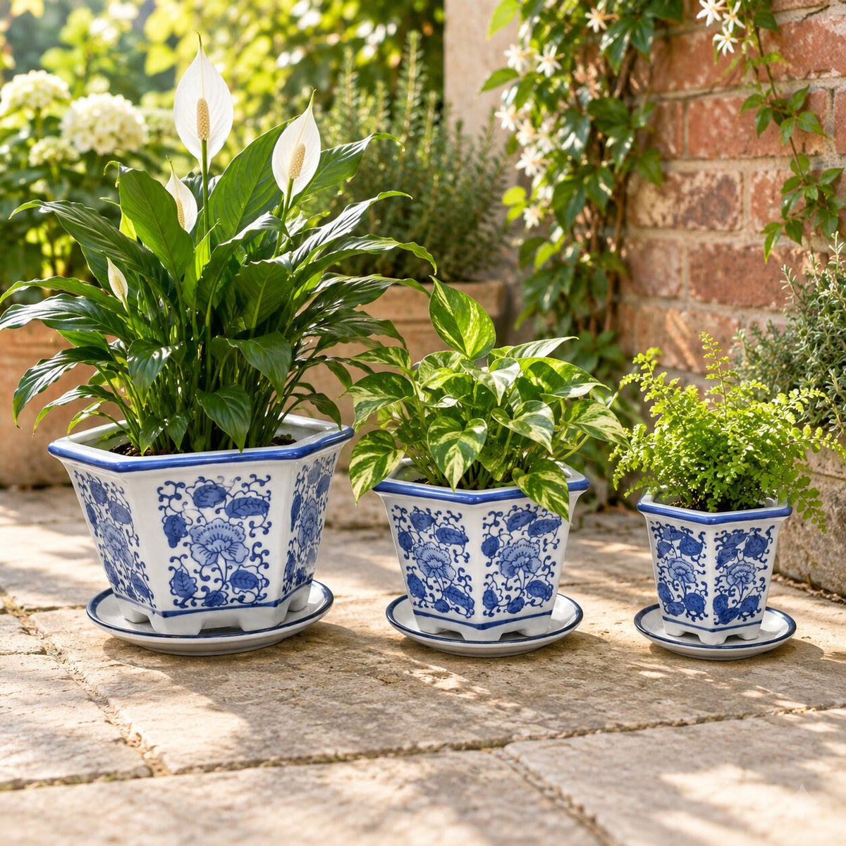 Set of 3 Blue & White Hexagonal Ceramic Planters with Saucers