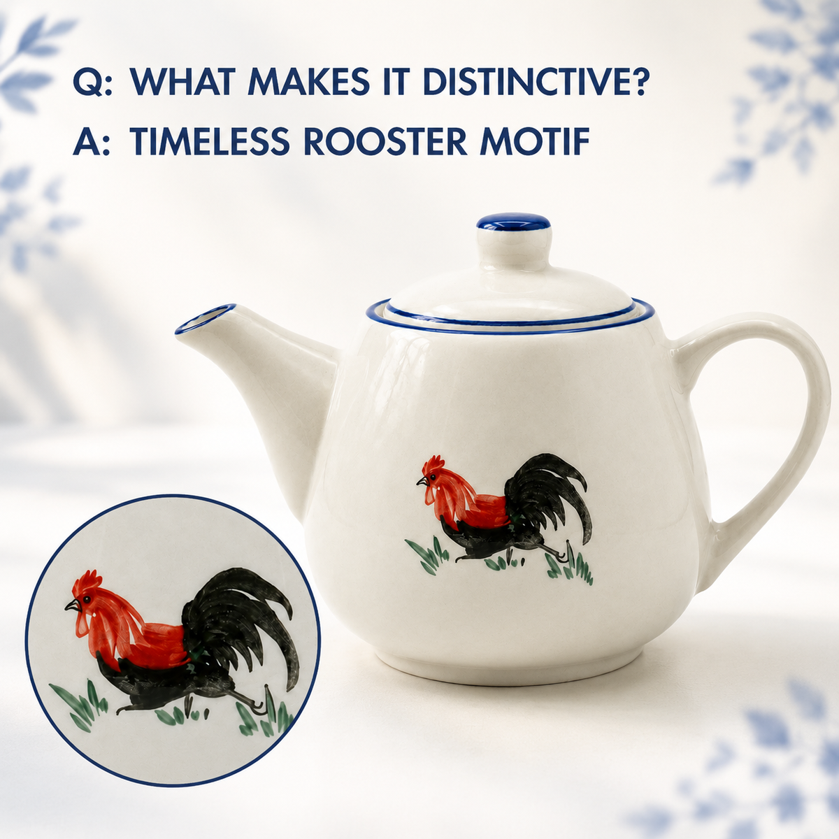 Traditional Blue & White Rooster Porcelain Teapot