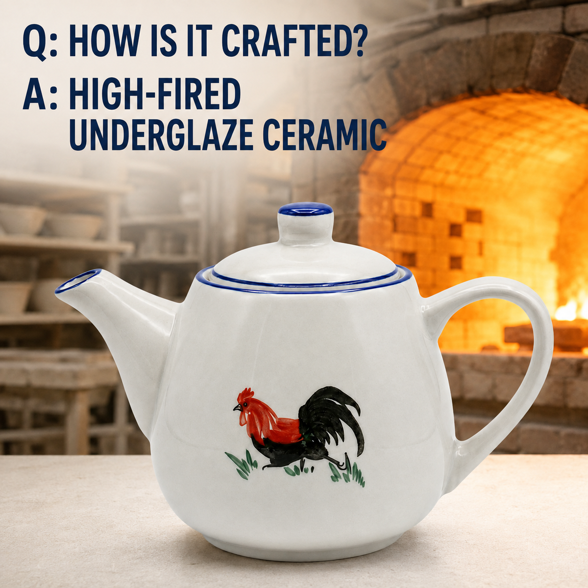 Traditional Blue & White Rooster Porcelain Teapot