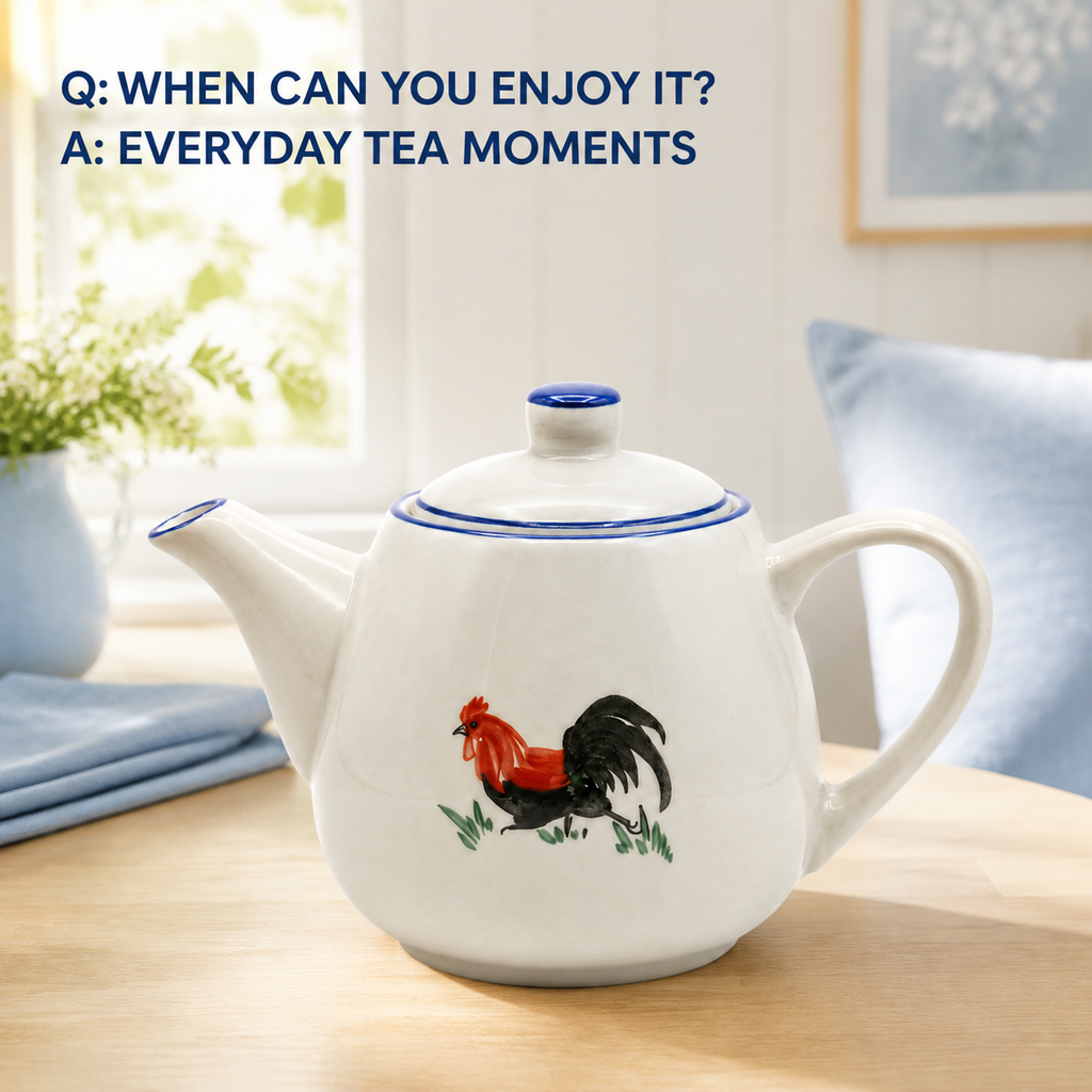 Traditional Blue & White Rooster Porcelain Teapot