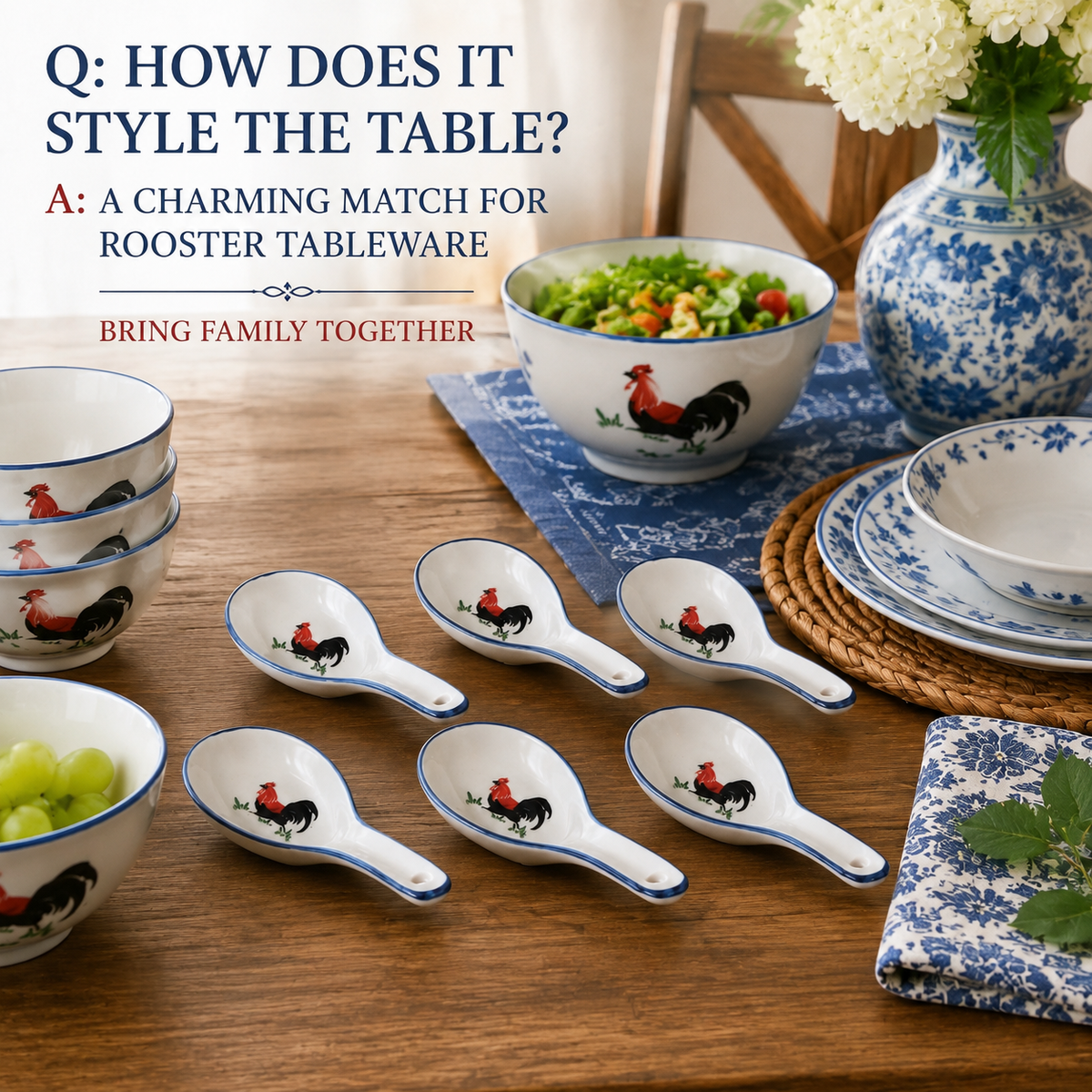 Red Rooster Medium Porcelain Soup Spoons – Set of 6