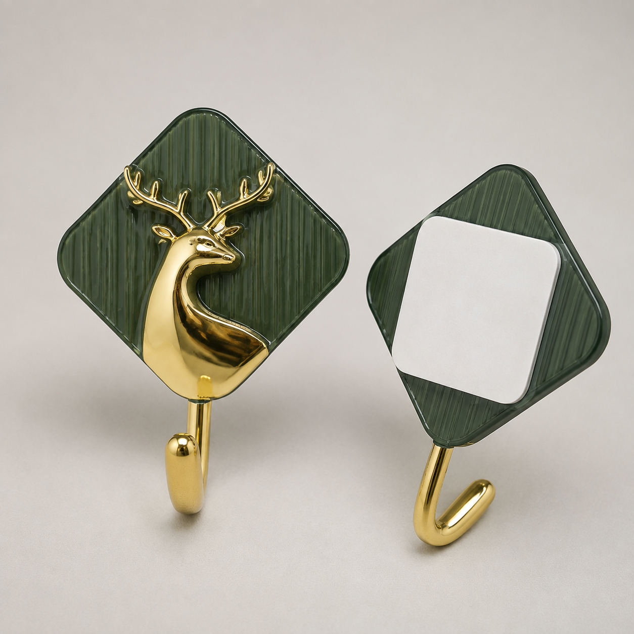 2-Pack Decorative Deer Adhesive Wall Hooks – Green & Gold