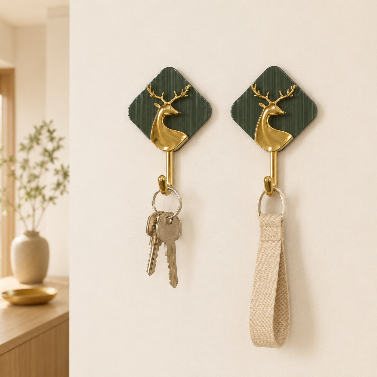 2-Pack Decorative Deer Adhesive Wall Hooks – Green & Gold