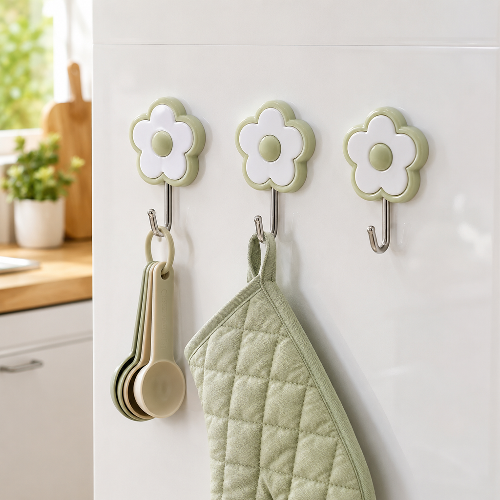 5-Pack Flower Adhesive Wall Hooks – Sage Green & White