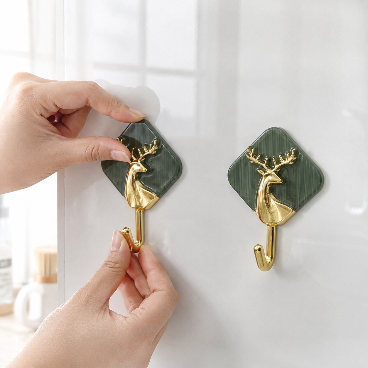 2-Pack Decorative Deer Adhesive Wall Hooks – Green & Gold