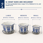 Blue & White Floral Scalloped Porcelain Planter Set of 3 with Matching Saucers