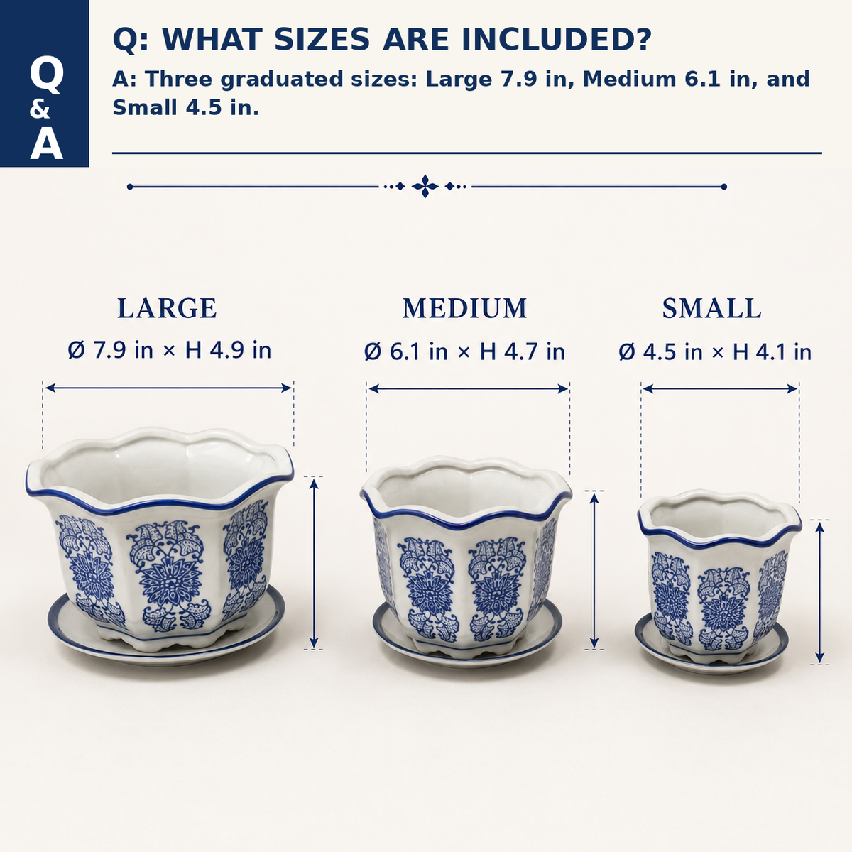 Blue & White Floral Scalloped Porcelain Planter Set of 3 with Matching Saucers