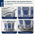 Blue & White Floral Scalloped Porcelain Planter Set of 3 with Matching Saucers